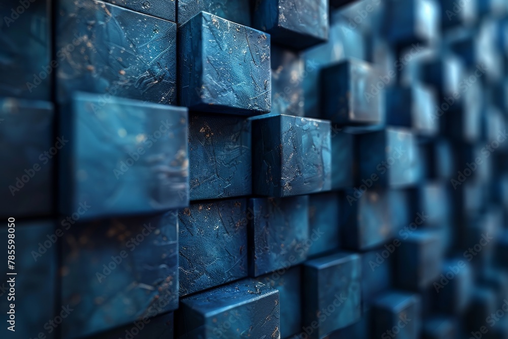 Poster this image features a structured pattern of deep blue cubic shapes creating a dynamic and intense ge