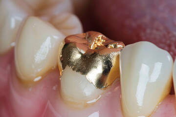 Close up of dental gold filling used to fill cavities on tooth