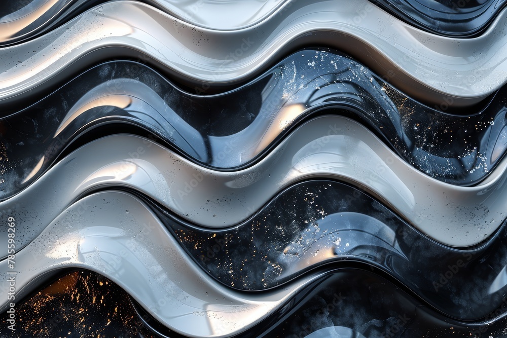 Poster a mesmerizing image of black and white liquid waves sprinkled with sparkling particles, invoking a s
