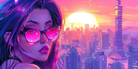retro cartoon woman with sunglasses overlooking city background at sunset - synthwave vaporwave  vintage 80s style
