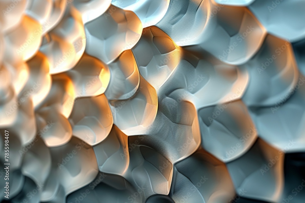 Poster an image featuring a cellular pattern with golden highlights and blue shades, creating a modern abst