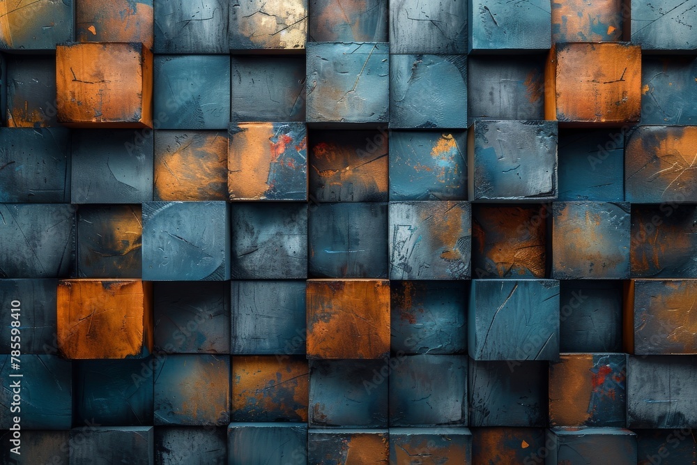 Poster this image presents a rustic palette of colored tiles arranged in a unique wall pattern with weather