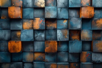 This image presents a rustic palette of colored tiles arranged in a unique wall pattern with...