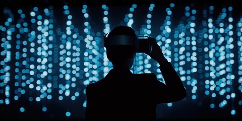 silhouette of a person with virtual reality goggles staring at rows of digital data - virtual twin concept
