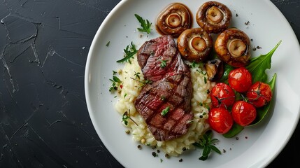  Meat and mushrooms atop mashed potatoes, cherry tomatoes scattered around