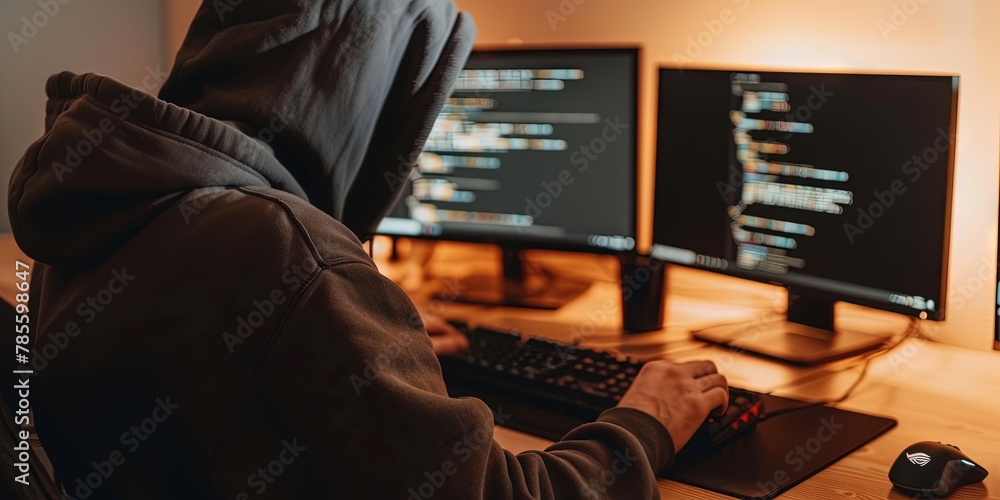 Wall mural hacker in hoodie performing cybercrime on computer screen