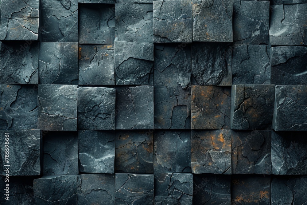 Poster a full frame image of stacked dark textured stones creating a repetitive wall pattern with an artist