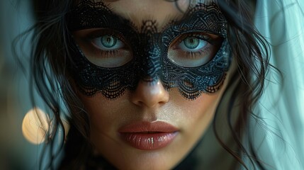 Hidden behind a glamorous masquerade mask, a woman exudes an aura of enigma and sophistication