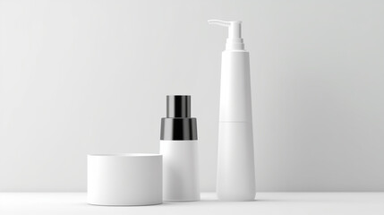 Luxury minimalist mockup set of white cosmetic bottles with pump and tubes, jar, dropper can be used for multipurpose - obrazy, fototapety, plakaty