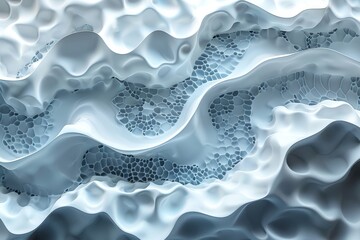 An intricate white digital mesh flows gracefully over a serene blue background, creating a tranquil and contemporary image