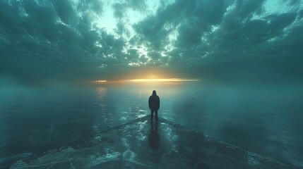 At the edge of the world, where the sky meets the sea in a breathtaking horizon, a lone figur - obrazy, fototapety, plakaty