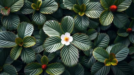   A white bloom perches atop a verdant, leafy plant teeming with numerous red and green leaves