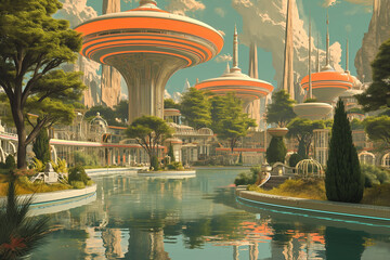 Retrofuturistic landscape in mid-century sci-fi style. Retro science fiction scene with futuristic city buildings. - obrazy, fototapety, plakaty