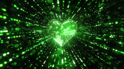 Cute heart enveloped in the iconic style of the matrix's falling green code, the heart glowing softly against the dark, digital backdrop