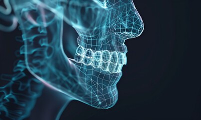A close-up view from the side of a healthy man's jaw and mouth, emphasizing correct bite, occlusion, and molars - obrazy, fototapety, plakaty