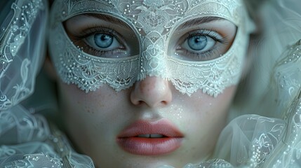 A mysterious woman adorned in an elegant masquerade mask, her eyes sparkling with intrigue be