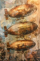 A vintage-inspired steampunk illustration showcasing airships with intricate brass cogs and gears floating amidst a dreamy watercolor sky.,essence of adventure imaginative spirit of the steampunk