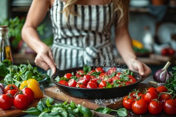 A chef in an apron seasons a sizzling pan of cherry tomatoes and greens in a rustic kitchen