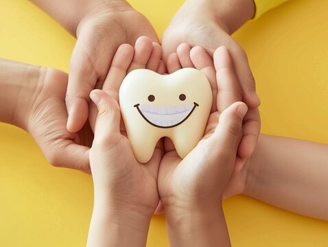 Illustrating a cheerful teeth smile held within children's hands, this image embodies clean enamel treatment and dental care clinic banner background