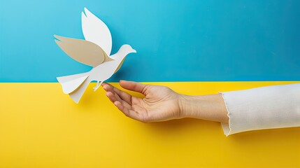 White paper dove with olive branch on Ukrainian flag. Copy space.