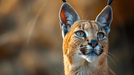 A close-up of a caracal's face, showcasing its distinctive tufted ears, sharp eyes, and sleek fur