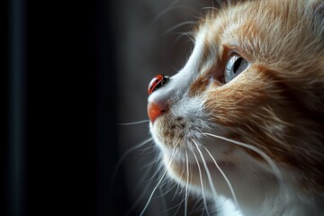 A touching high-resolution image of an orange and white cat gazing curiously at a ladybug resting on its nose, capturing a moment of innocent interaction between animal and nature.