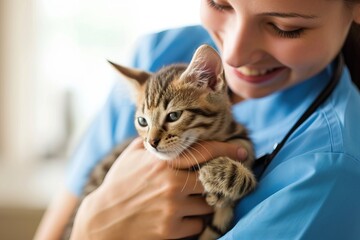 Veterinarian holding a kitten gently
