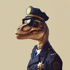 Surreal portrait of a dinosaur in a police officer uniform symbolizing authority and protection