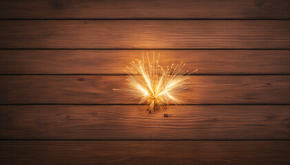 frame of lights bokeh flares and sparkler isolated on rustic brown wooden texture - holiday New Year's Eve background banner