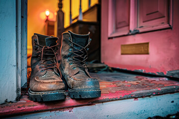 Well-worn hiking boots on a rustic doorstep, signaling the end of a long journey