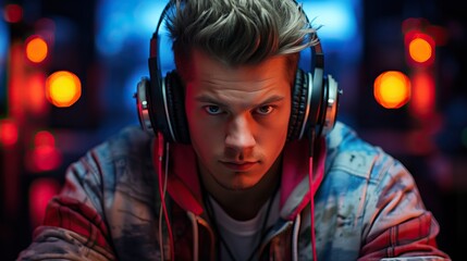 Young gamer in a neon-lit environment