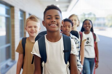 Portrait of group of multiethnic schoolchildren with smile at school