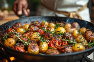 A chef in a home kitchen skillfully prepares a mouthwatering pan of roasted vegetables and aromatic...