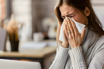 Young woman suffering from runny nose or nasal blocking. Common cold or flu patient with rhinitis