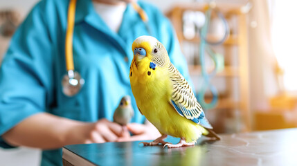 A pet, an exotic bird, yellow wavy parrot sits on table in a veterinarian's office in medical clinic, against the background of a blurred silhouette of doctor. Animal health, protection and care