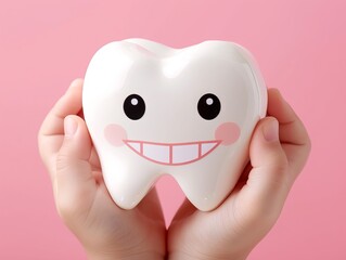 Illustrating a cheerful teeth smile held within children's hands, this image embodies clean enamel treatment and dental care clinic banner background