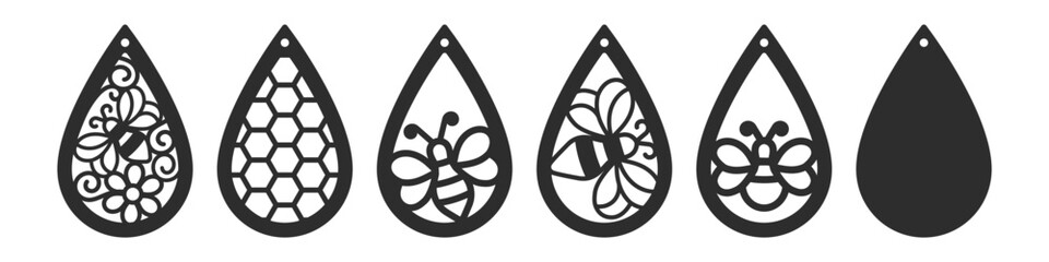 Set of vector designs with bee for teardrop earrings, pendant or keychain. Jewelry silhouette laser cut template. Cnc cutting with metal, wood or leather
