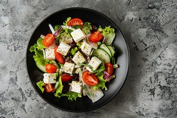 Greek salad. In a black plate on a concrete background. View from above. place for text, generative ai