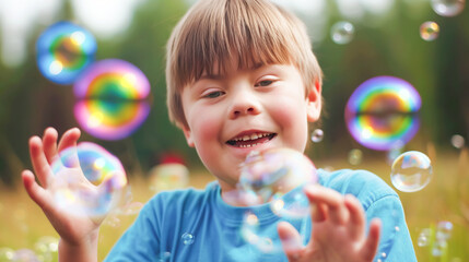 A special boy with Down syndrome plays with bright soap bubbles on a sunny day in nature. Inclusion, health and education of children