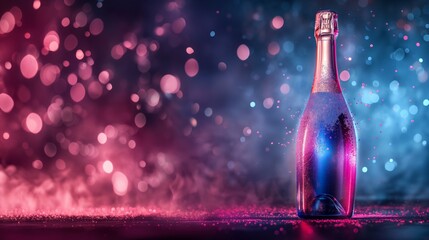 A vivid image of a chilled champagne bottle, showcasing sparkling condensation and illuminated by a vibrant bokeh effect, creating a celebratory atmosphere. - obrazy, fototapety, plakaty