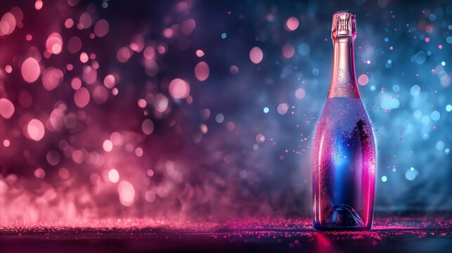 A vivid image of a chilled champagne bottle, showcasing sparkling condensation and illuminated by a vibrant bokeh effect, creating a celebratory atmosphere.