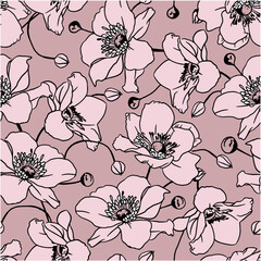 Seamless pattern with outlined succulent flowers on pink vector background