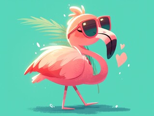 A cute flamingo secretary with a joyful smile, set against a light emerald backdrop, ready to assist you with a touch of charm , up32K HD - obrazy, fototapety, plakaty