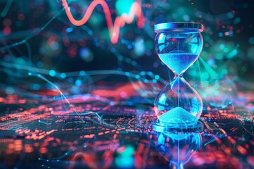 A cracked hourglass filled with holographic data streams, signifying the timelessness of learning in a futuristic world - obrazy, fototapety, plakaty