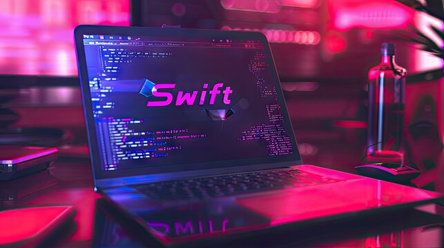 Swift inscription against a laptop and code background