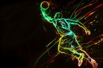 Neon illustration of a slam dunk basketball player isolated on black background.