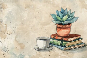 Watercolor composition book stack, tea cup, croissant