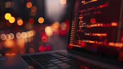 Java inscription against a laptop and code background.