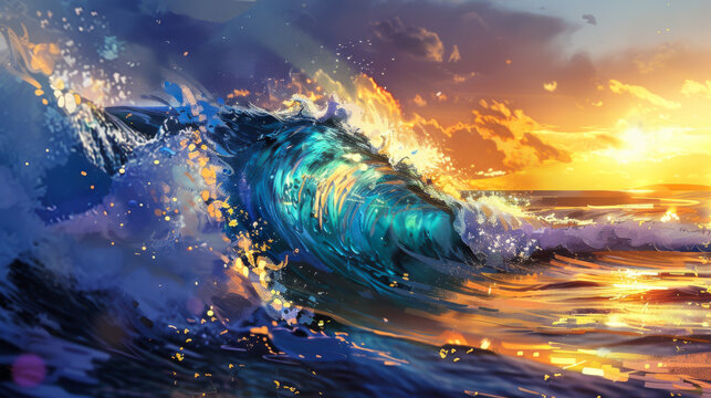 A wave is crashing into the ocean, with the sky in the background featuring a beautiful sunset. The water is a deep blue color, and the wave is large and powerful.