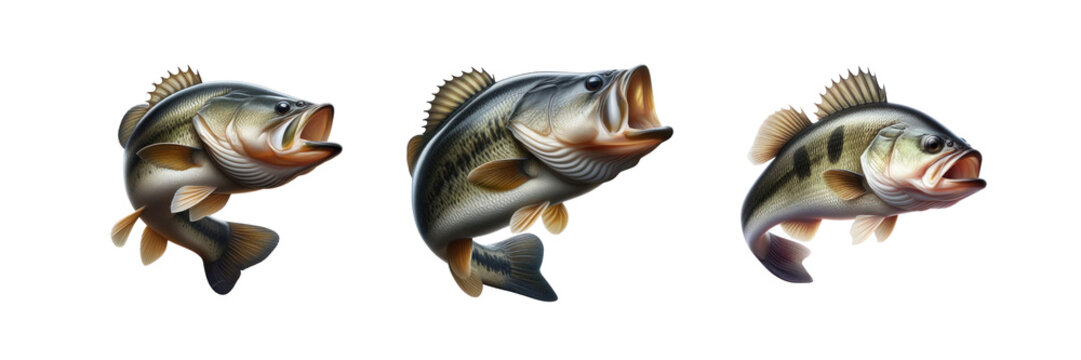 Set of largemouth bass fish, illustration, isolated over on transparent white background
